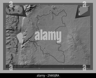 Dar`a, province of Syria. Bilevel elevation map with lakes and rivers. Corner auxiliary location maps Stock Photo